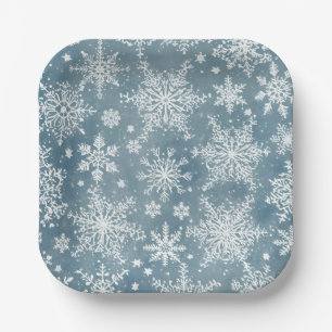 Assiettes En Carton Flocons de neige bleus aquarelle hiver vacances