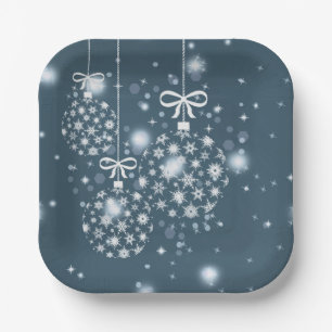 Assiettes En Carton Flocons de neige, bleus et blancs, ballons, Joyeux