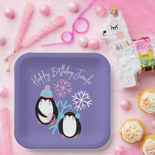 Assiettes En Carton Flocons de neige d'anniversaire de pingouin rose b