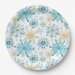 Assiettes En Carton Flocons de neige d'hiver en aquarelle bleue et pai