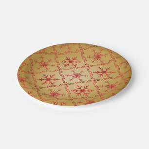 Assiettes En Carton Flocons de neige d'or sur Noël rouge de motif