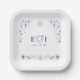 Assiettes En Carton Flocons de neige élégants Monogramme Mariage d'hiv