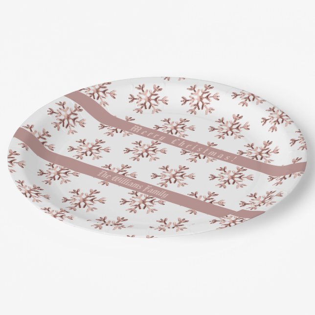 Assiettes En Carton Flocons de neige en or rose Motif de Noël (Angle)
