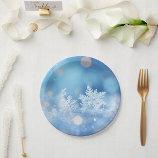 Assiettes En Carton Flocons de neige hivernaux personnalisés Bokeh ble