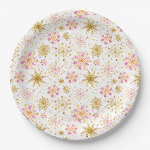 Assiettes En Carton Flocons de neige roses et dorés d'hiver