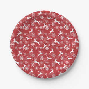 Assiettes En Carton Flocons de neige rouges cerfs motif de Noël