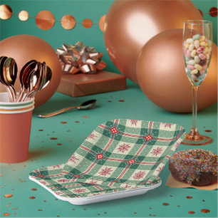 Assiettes En Carton Flocons de neige rouges de Noël Motif Vérification