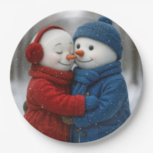 Assiettes En Carton Flocons de neige sur un couple de bonhommes de nei