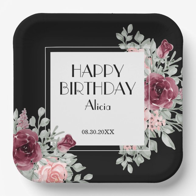 Assiettes En Carton Flora rose Bourgogne Noir Joyeux anniversaire (Recto)