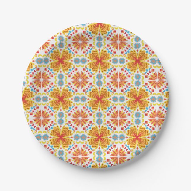 Assiettes En Carton floral and geometric pattern in shades of orange (Devant)