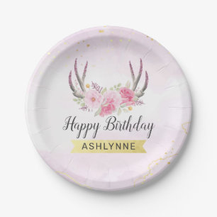 Assiettes En Carton Floral Antlers Blush Rose & Gold Girl'anniversaire