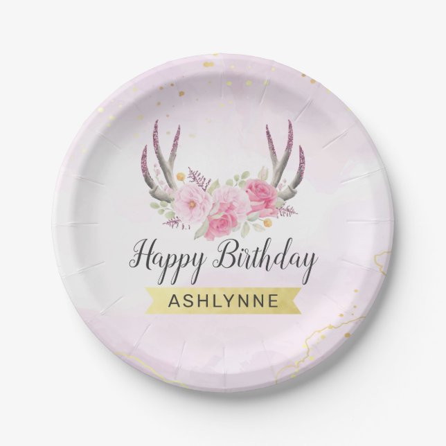 Assiettes En Carton Floral Antlers Blush Rose & Gold Girl'anniversaire (Devant)