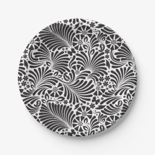 Assiettes En Carton Floral baroque moderne noir et blanc