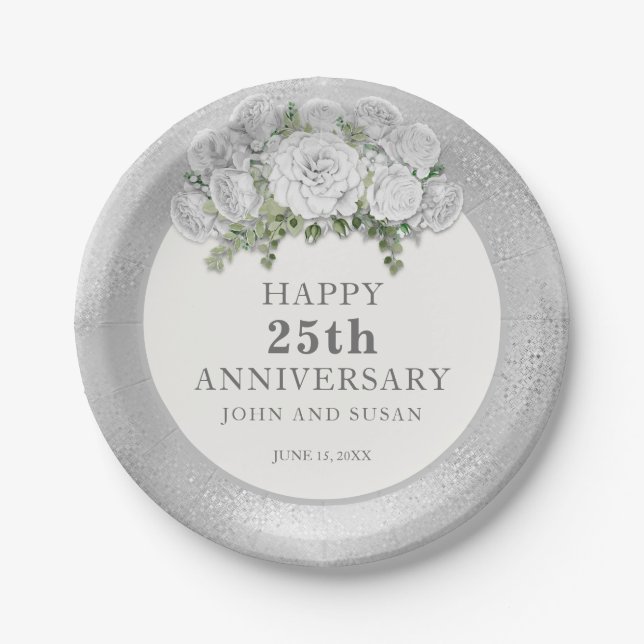 Assiettes En Carton Floral blanc argenté 25e anniversaire Mariage (Devant)