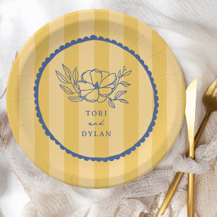 Assiettes En Carton Floral Bleu Botanique Jaune Mariage à rayures