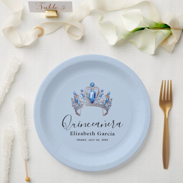 Assiettes En Carton Floral bleu et ivoire Quinceañera (Mariage)