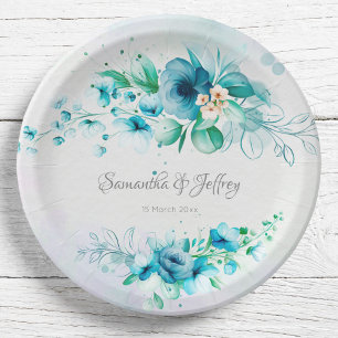 Assiettes En Carton Floral bleu turquoise vert