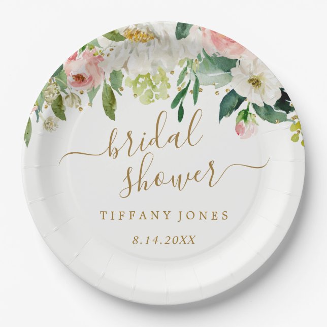 Assiettes En Carton Floral Blush or rose Confetti Fête des mariées (Devant)