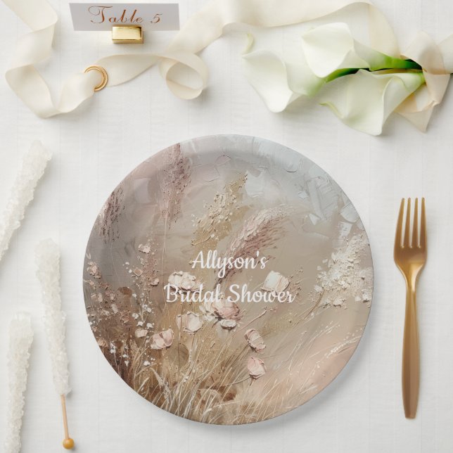 Assiettes En Carton Floral Boho Beige Blanc (Mariage)