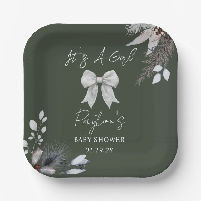 Assiettes En Carton Floral Bow Winter Girl Baby shower vert Bienvenue (Recto)