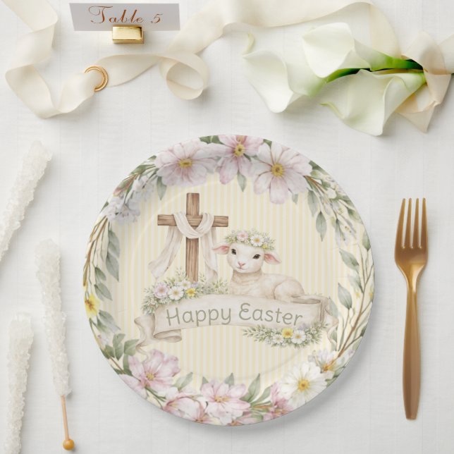Assiettes En Carton Floral Cross and Lamb | Happy Easter (Mariage)