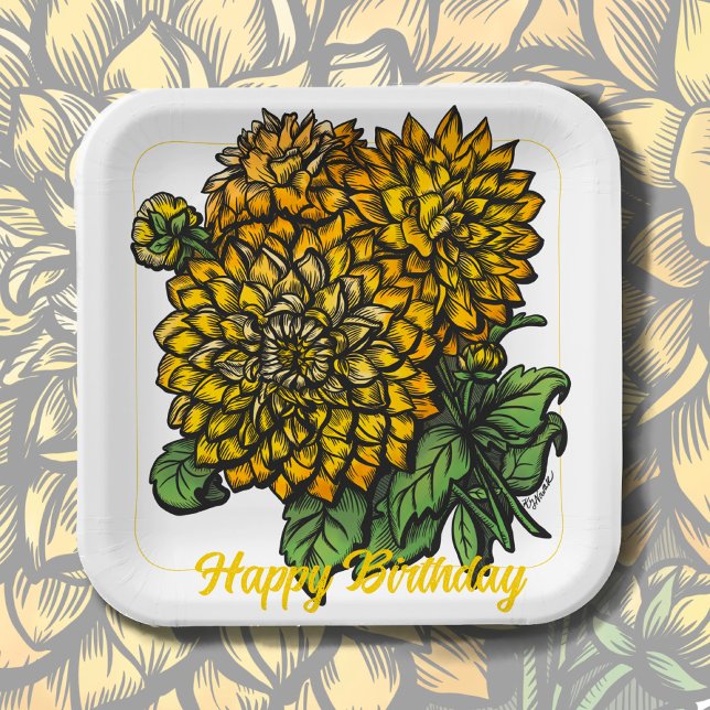 Assiettes En Carton Floral Dahlias Jaune (Créateur téléchargé)