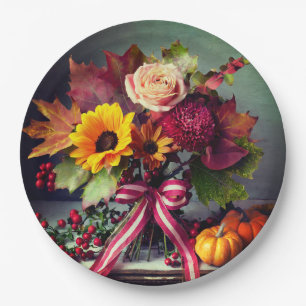 Assiettes En Carton Floral d'automne avec cabot, Plaques de papier ron