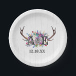 Assiettes En Carton Floral Deer Antler Bouquet Mariage rustique Monogr<br><div class="desc">Bouquet Antler de Cerf Floral en Bourgogne Vin & Or sur Bois Blanc Rustique Pays Chic Plaques de papier Mariage Avec police de caractères à la main tendance ! ~ Regardez ma boutique pour voir toute la collection de mariages avec ce design!</div>
