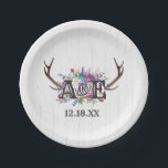 Assiettes En Carton Floral Deer Antler Bouquet Mariage rustique Monogr<br><div class="desc">Bouquet Antler de Cerf Floral en Bourgogne Vin & Or sur Bois Blanc Rustique Pays Chic Plaques de papier Mariage Avec police de caractères à la main tendance ! ~ Regardez ma boutique pour voir toute la collection de mariages avec ce design!</div>