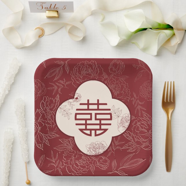 Assiettes En Carton Floral Double Bonheur Mariage chinois (Mariage)