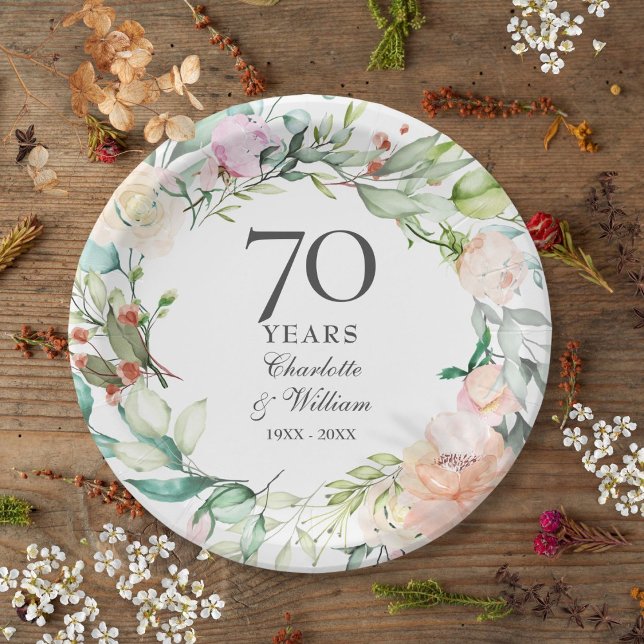 Assiettes En Carton Floral du Garland rose 70e anniversaire du Mariage (Roses Garland Floral 70th Wedding Anniversary Paper Plates)