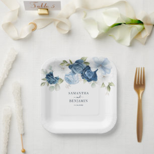 Assiettes En Carton Floral Dusty Wedding shower bleu blanc