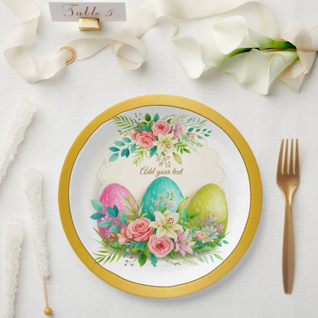 Assiettes En Carton Floral Easter Eggs & Pink Roses Personalized Party (Mariage)