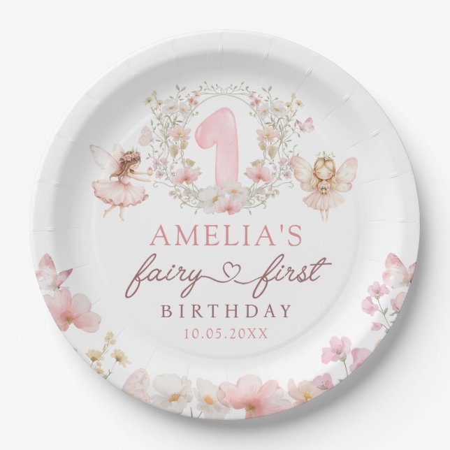 Assiettes En Carton Floral Fairy First Birthday Party Paper Plates (Devant)