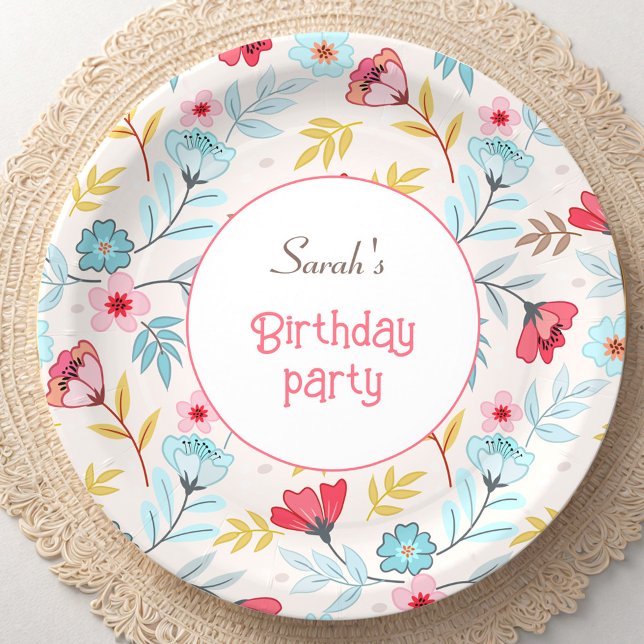 Assiettes En Carton Floral Feminine couleur rose bleu été Anniversaire (Floral Feminine Colorful Pink Blue Summer Birthday Paper Plates)
