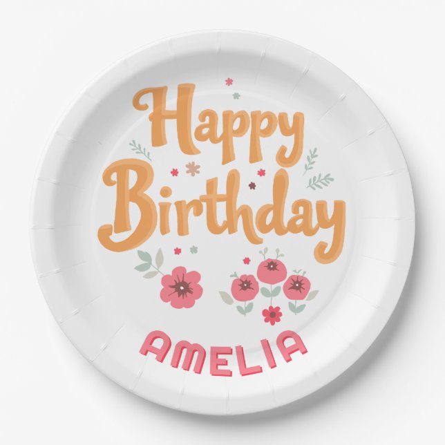 Assiettes En Carton Floral Flowers Happy Birthday Handlettering (Devant)