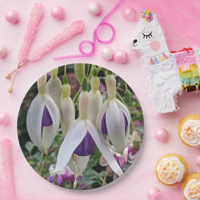 Assiettes En Carton Floral Fuchsia violet blanc (Fête)