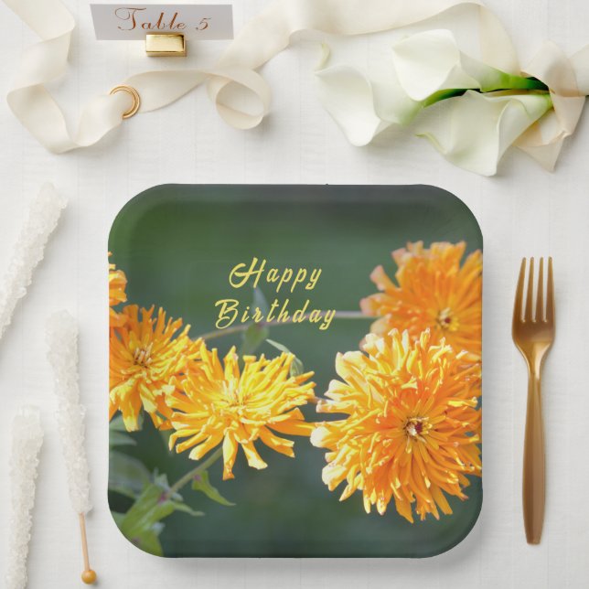 Assiettes En Carton Floral "Joyeux Anniversaire" Orange Zennia (Mariage)
