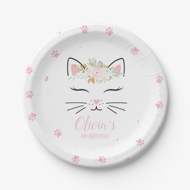 Assiettes En Carton Floral Kitten Anniversaire Fête Plaques kitty face (Devant)