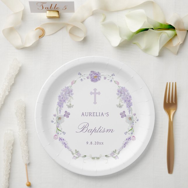 Assiettes En Carton Floral Lilac Lavender Wreath Baptism (Mariage)