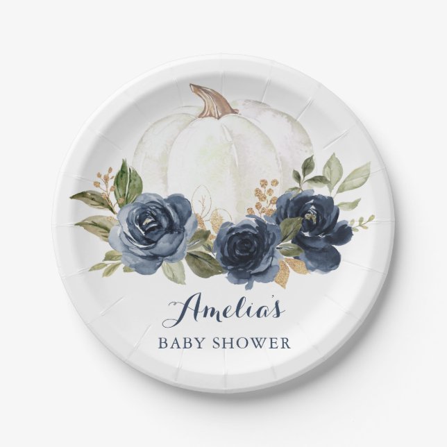 Assiettes En Carton Floral Navy Citrouille Baby shower bleu chute (Devant)