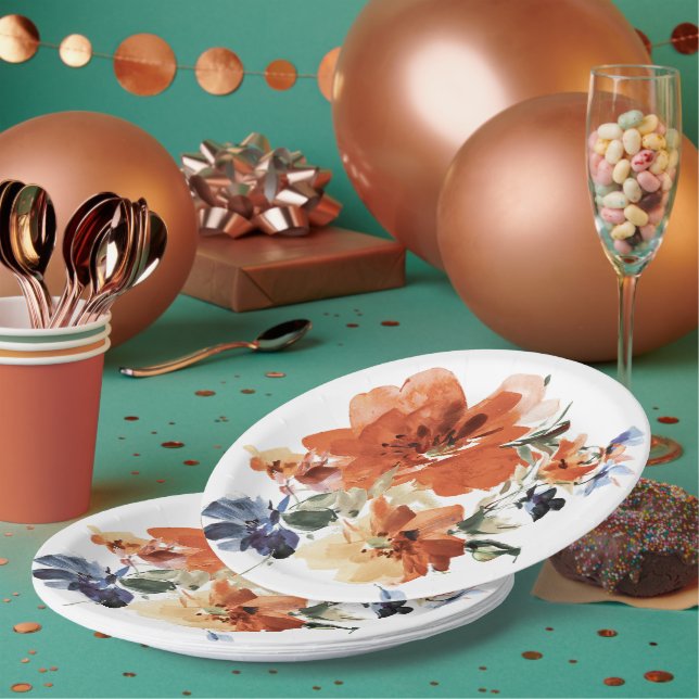 Assiettes En Carton Floral orange et bleu (Multi)