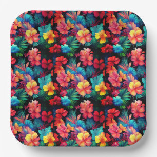 Assiettes En Carton Floral Orange Tropical Flowers Feuille-66771