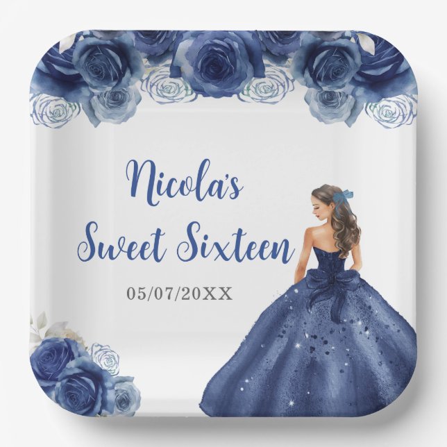 Assiettes En Carton Floral Princesse en Sweet sixteen bleu marine (Recto)