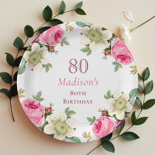 Assiettes En Carton Floral rose 80e anniversaire (Créateur téléchargé)
