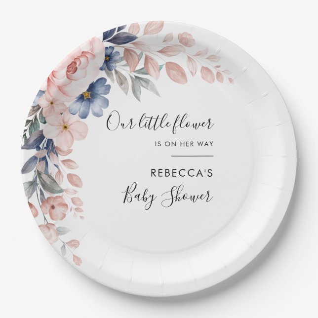 Assiettes En Carton Floral rose bleu Fleurs Baby shower d'aquarelle (Devant)