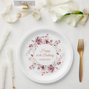 Assiettes En Carton Floral rose Bourgogne personnalisé 60e anniversair