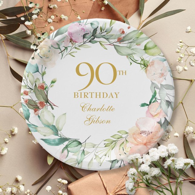 Assiettes En Carton Floral Rose Garland 90e anniversaire (Floral Roses Garland 90th Birthday Paper Plates)