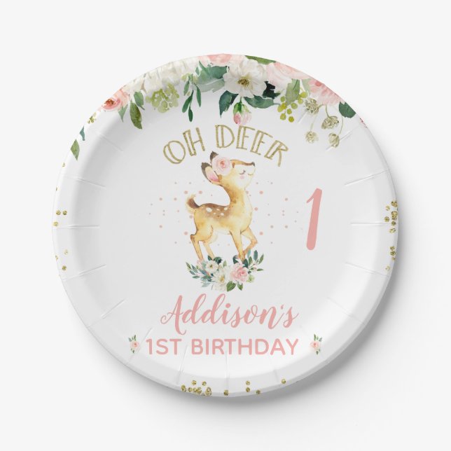 Assiettes En Carton Floral rose Oh Deer 1er anniversaire (Devant)