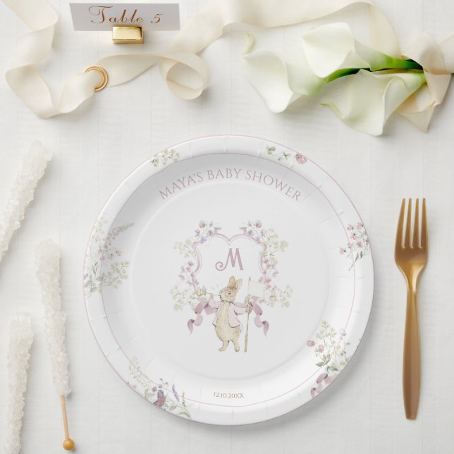 Assiettes En Carton Floral rose Pierre le lapin Monogramme Baby shower (Mariage)